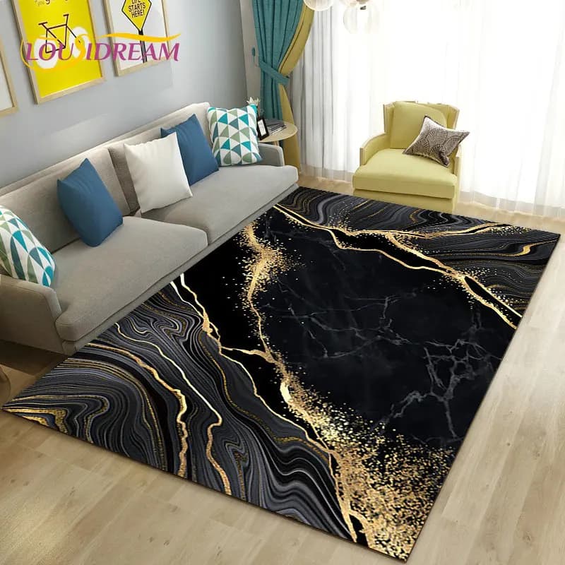 Tapete de mármore preto e dourado para sala de estar, antiderrapante, grande