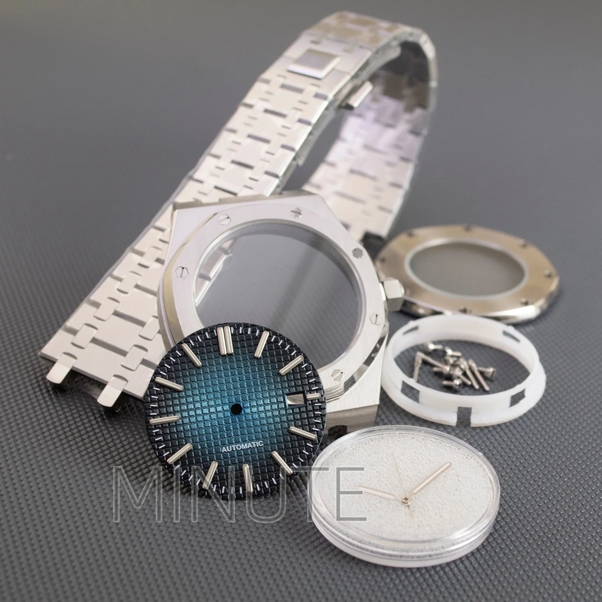 Caixa de relógio octogonal 41mm com pulseira de vidro safira e aço inoxidável, fundo cinza