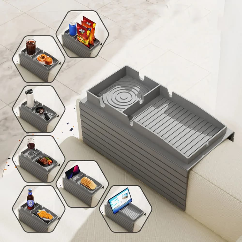Bandeja organizadora cinza para braço de sofá mostrando usos variados para bebidas, snacks e dispositivos
