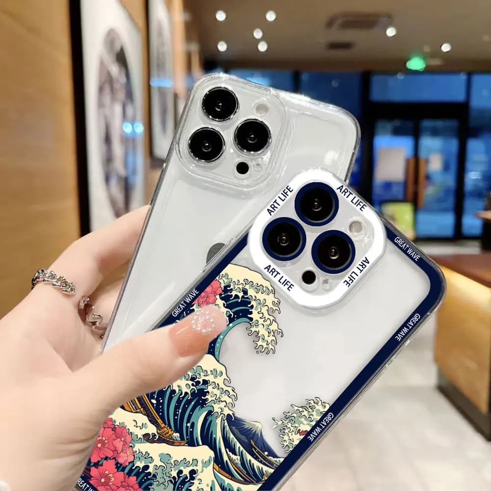 Capa para smartphone Xiaomi Redmi Note com design artístico onda grande colorida e borda azul escura