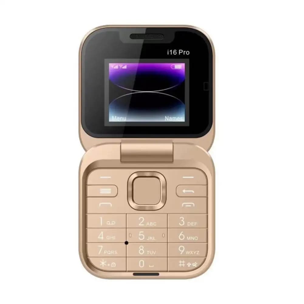 Telefone celular infantil i16pro flip dourado com tela colorida e teclado numérico dobrável