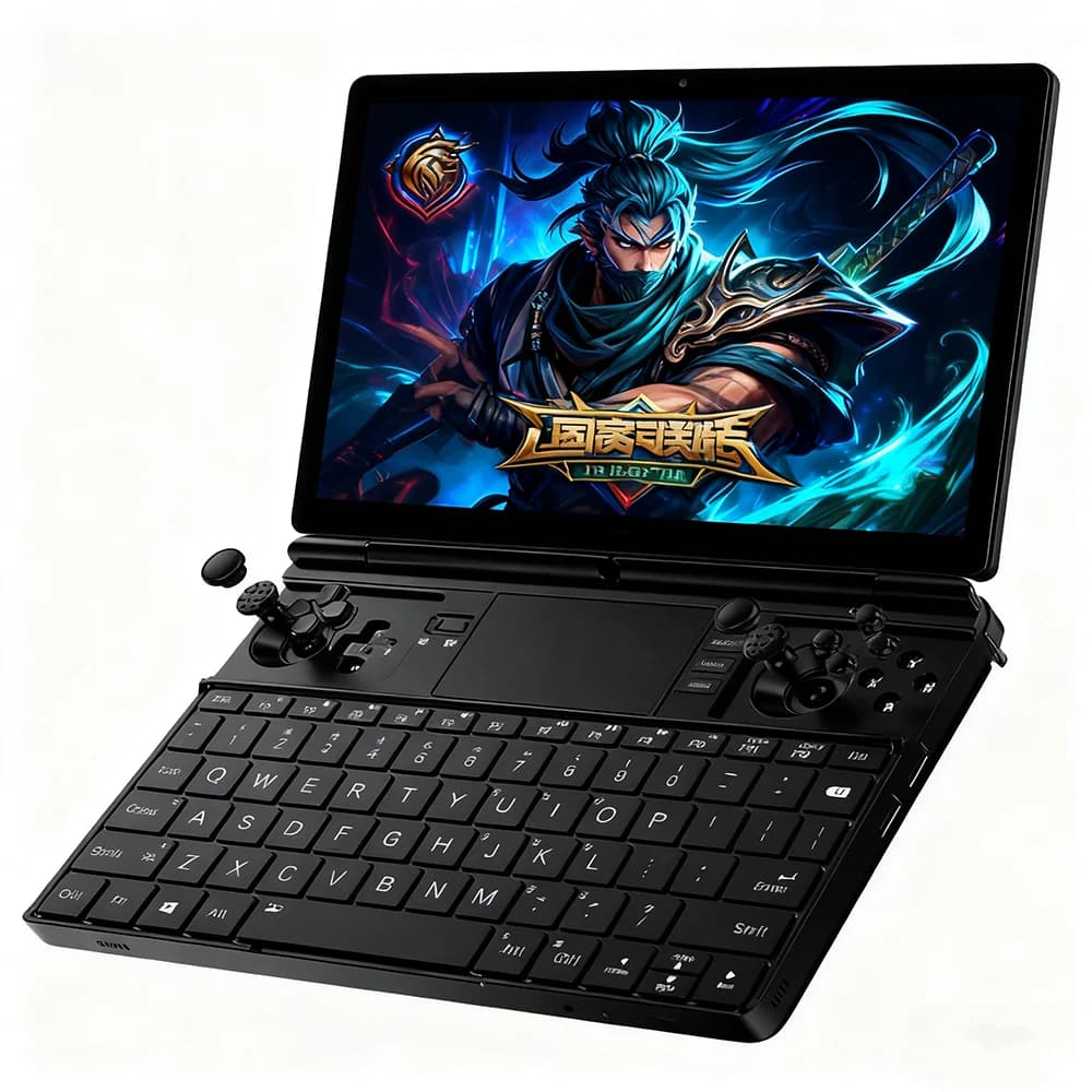 Computador portátil de jogo GPD Win Max 2 2025 aberto com teclado e controles visíveis