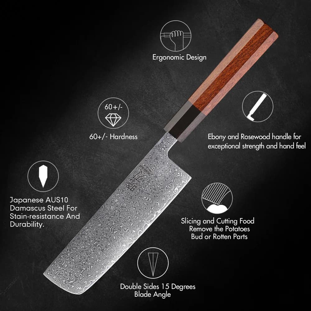 Faca Nakiri japonesa com lâmina de aço damasco AUS10 e cabo de madeira ébano e rosewood, design ergonômico
