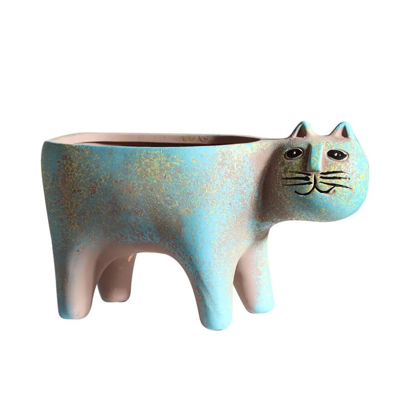 Vaso decorativo para plantas em cerâmica azul formato gato, ideal para suculentas pequenas