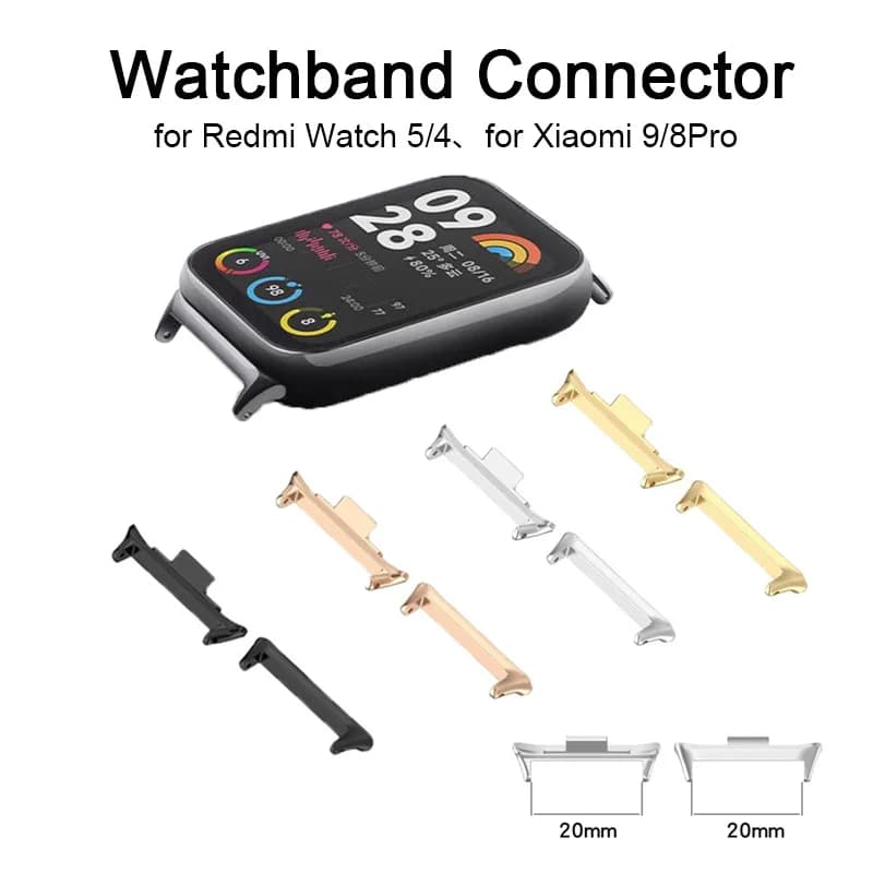 Conjunto de conectores de pulseira para relógio Xiaomi, incluindo opções em preto, prata, ouro e rosa.