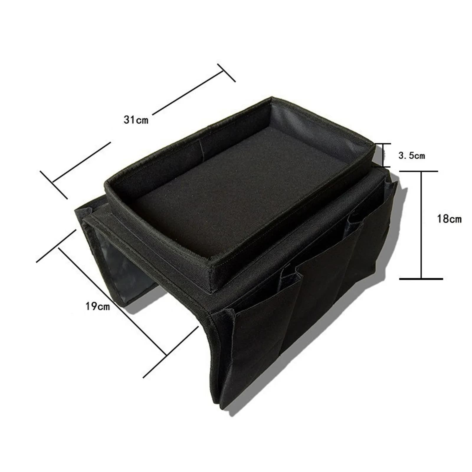 Bolsa organizadora preta para sofá com medidas 31x19x18 cm e suporte para copos e objetos