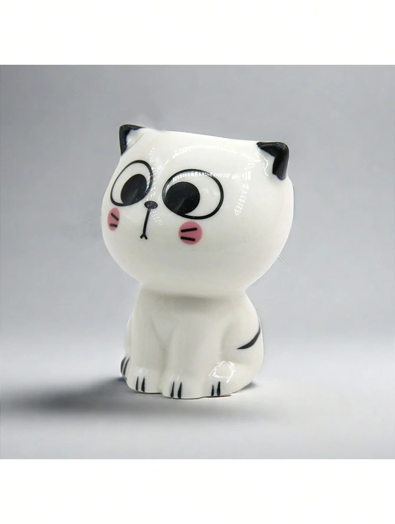 Vaso de cerâmica gato fofo branco com detalhes pretos e bochechas rosadas para suculenta artificial