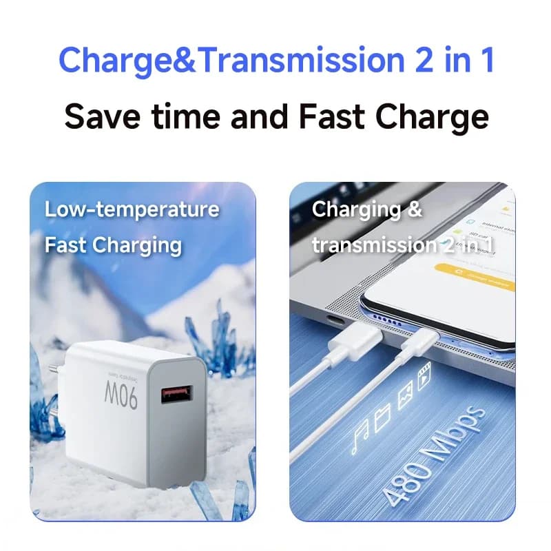 Carregador Xiaomi 90W branco com função 2 em 1 para carga rápida e transmissão de dados a 480 Mbps