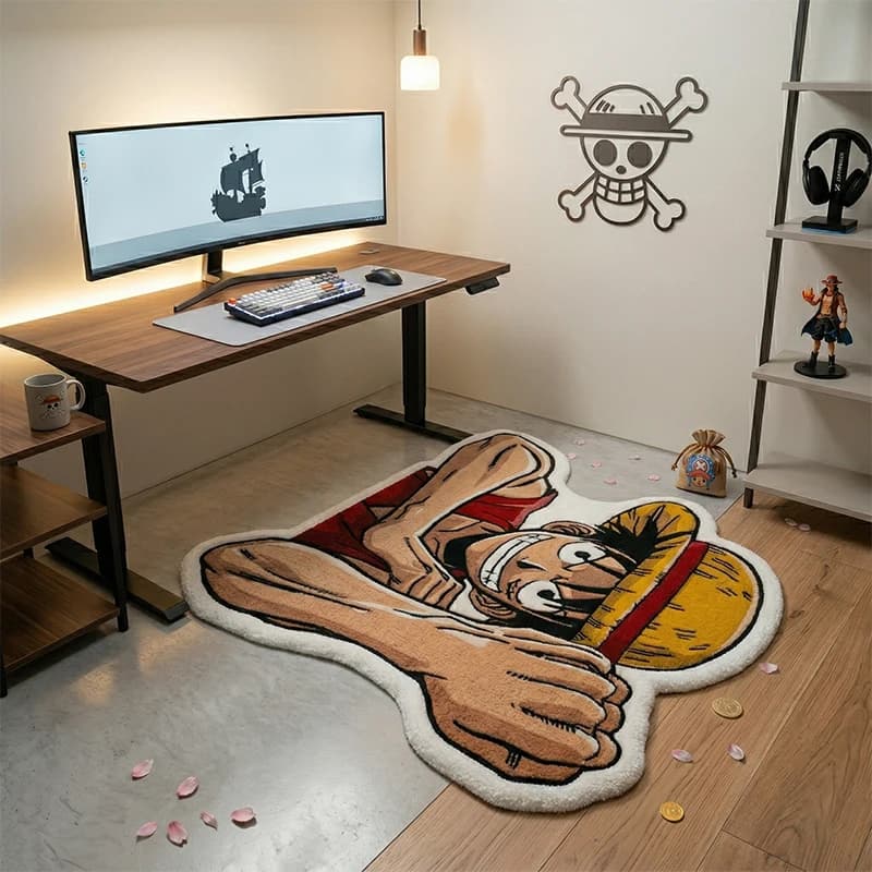 Tapete infantil antiderrapante macio marrom com estampa do personagem Luffy de One Piece em formato irregular