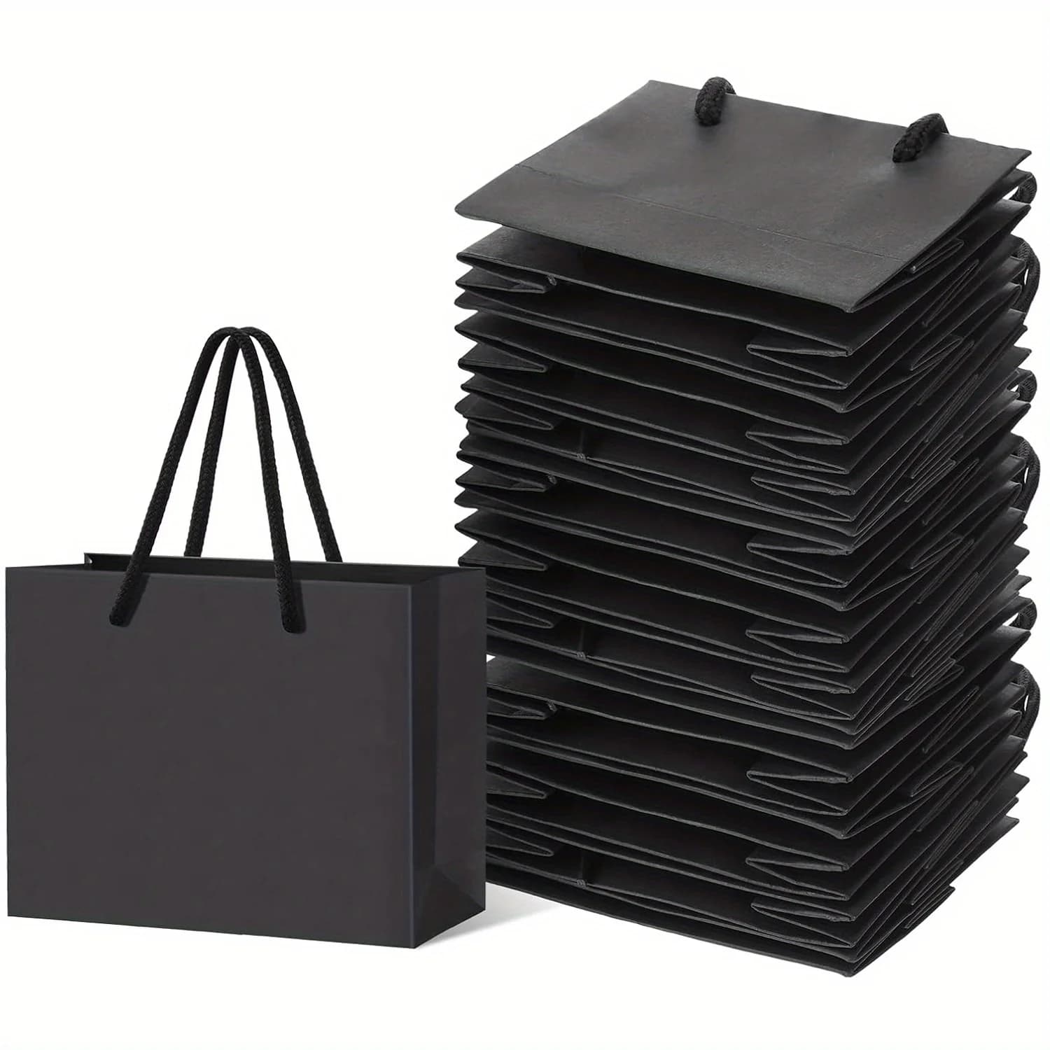 Sacos de presente de papel preto com alças, pilha de 10 peças, fundo branco