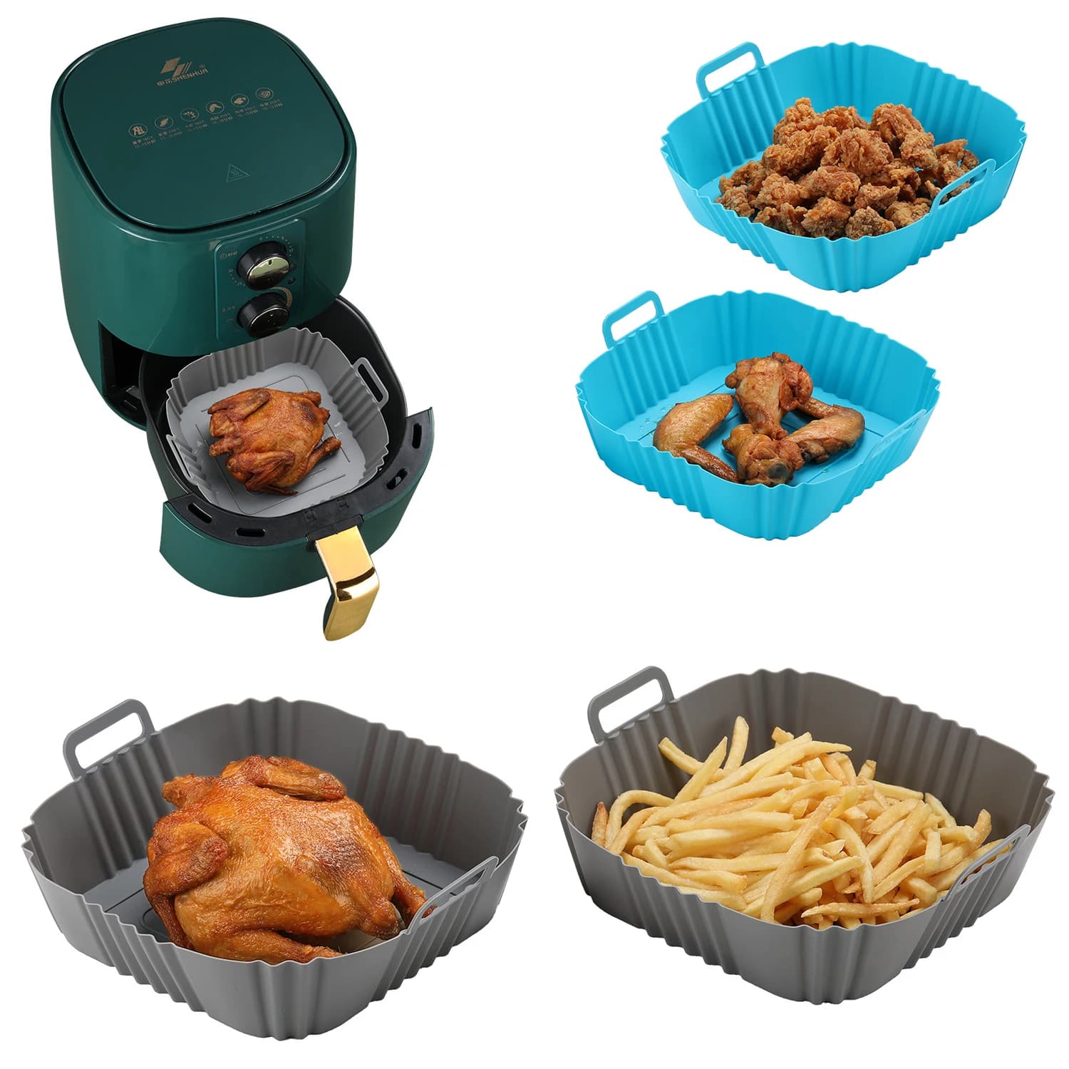 Fritadeira de ar com compartimentos quadrados para diferentes alimentos