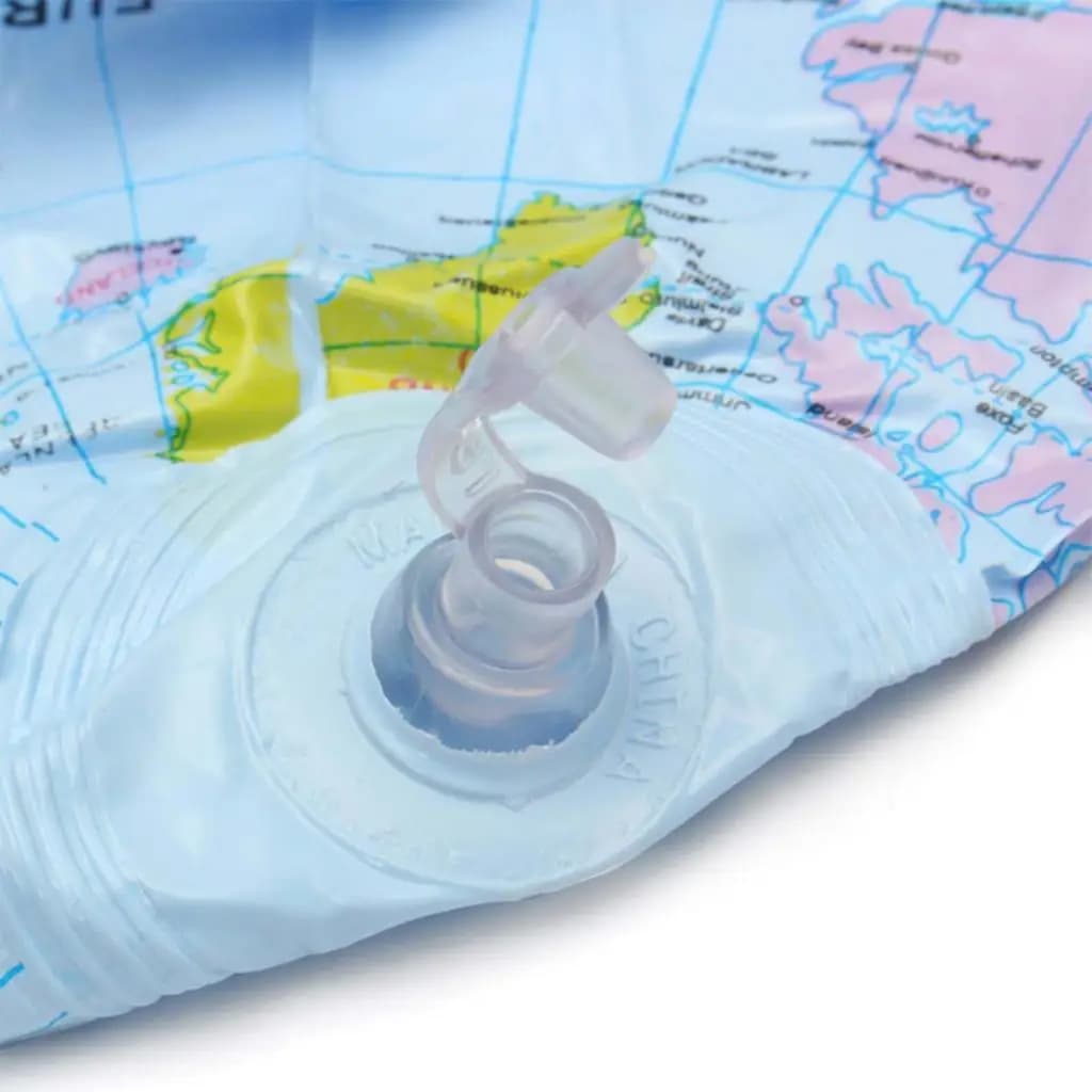 Detalhe da válvula transparente para inflar globo educativo infantil em PVC azul