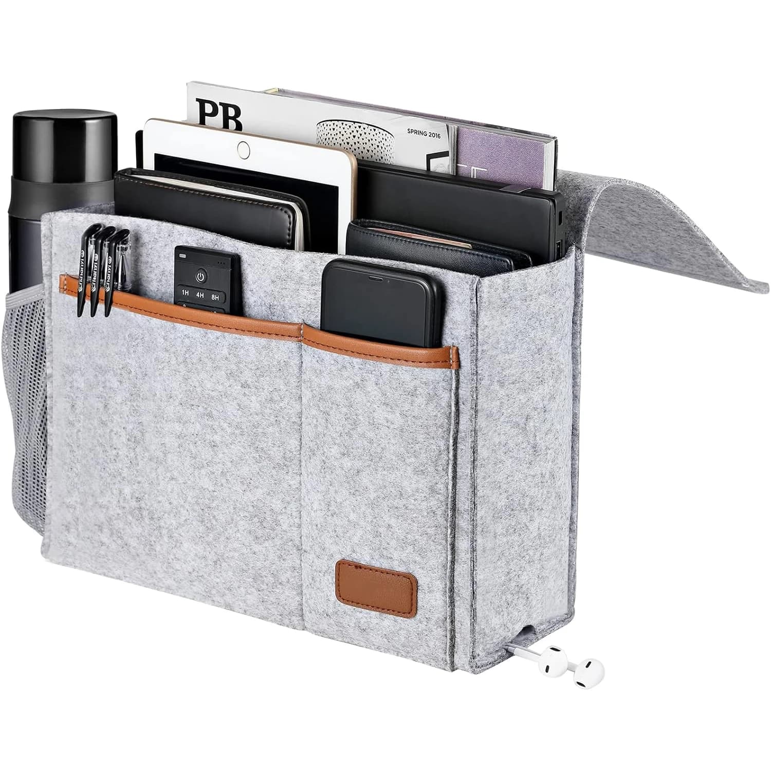 Organizador de armazenamento de cama de feltro com 5 bolsos e suporte para garrafa de água