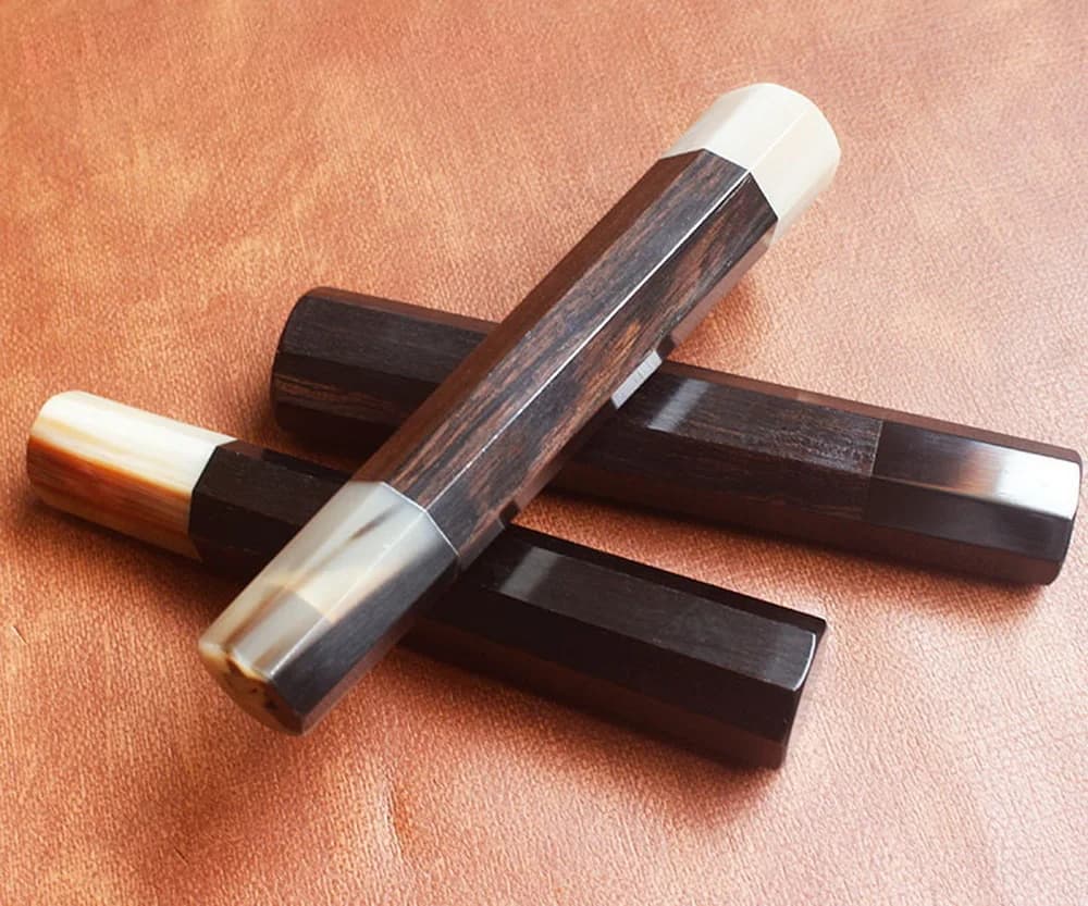 Conjunto de alças para faca japonesa octogonais em ébano branco com chifre de yak preta e marrom