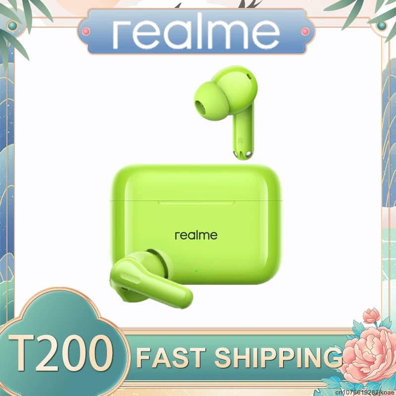 Fones de ouvido Realme Buds T200, cor verde limão, cancelamento de ruído ativo, Bluetooth 5.4