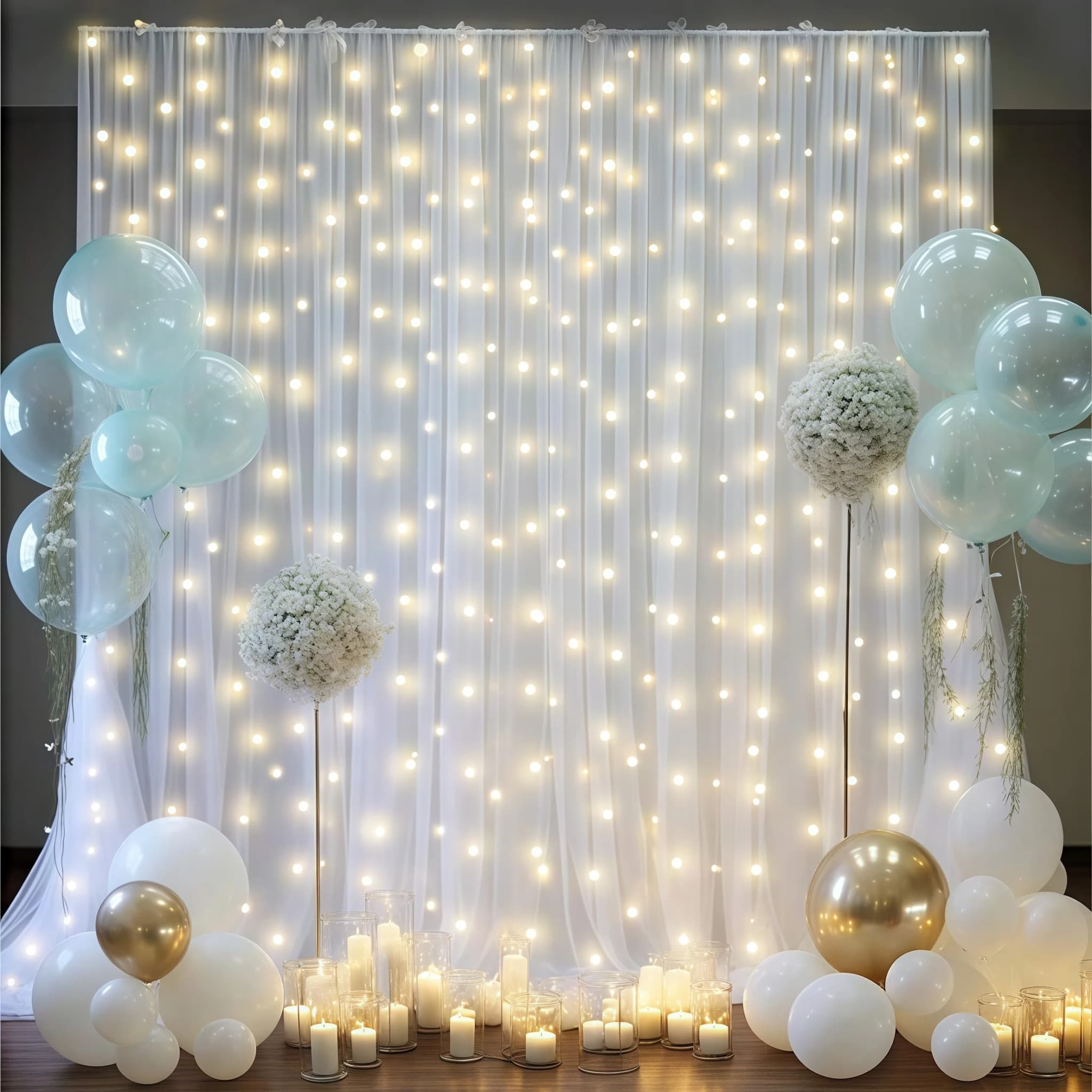 Cortina de tule branca 3x3m com luzes LED e decoração com balões, velas e flores para eventos
