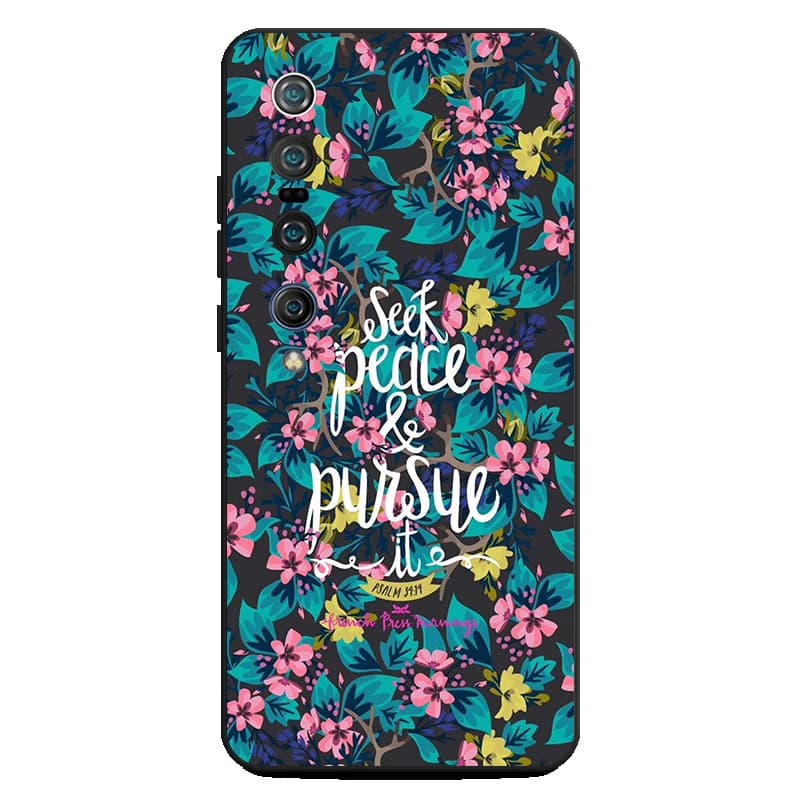 Capa de telefone Xiaomi com citações bíblicas e design floral verde e rosa