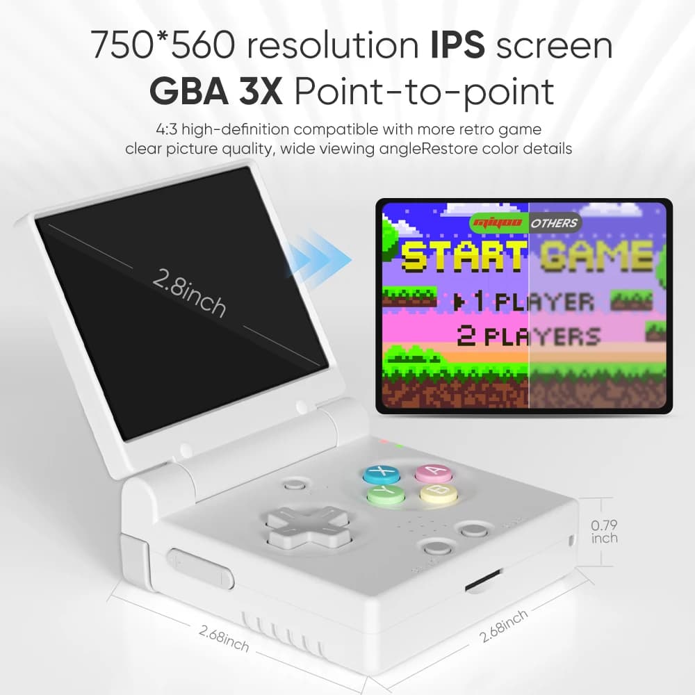 Console portátil Miyoo Mini Flip branco com tela IPS 2.8 polegadas e resolução 750x560 para jogos retrô
