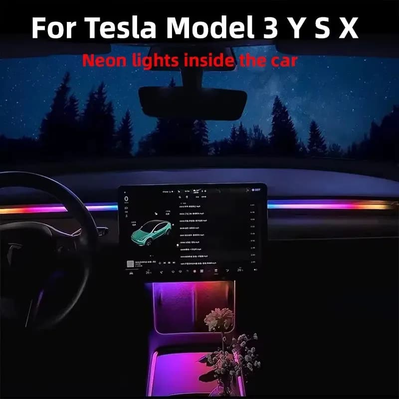 Para tesla novo modelo y 3 highland 116cm rgb kit de luz ambiente painel console central pilha app tiras led iluminação néon