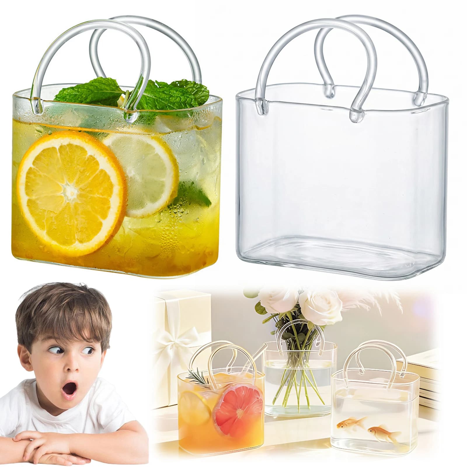 Copo de vidro em formato de bolsa com canudo e bebida cítrica
