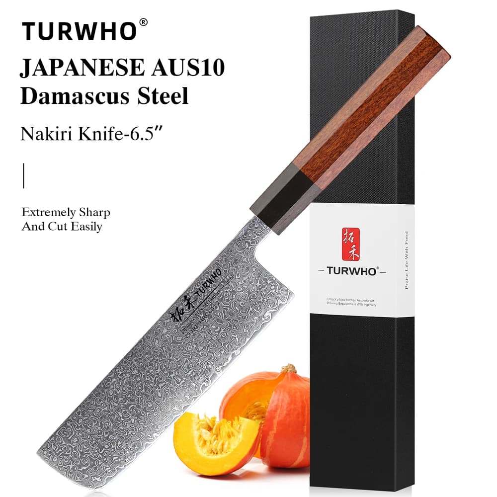 Faca Nakiri TURWHO 6,5 polegadas, 67 camadas de aço damasco, faca de cozinha japonesa