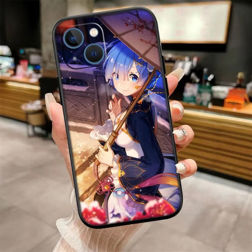 Capa de celular Xiaomi Poco com personagem Emilia do anime Re:Zero segurando guarda-chuva em fundo detalhado