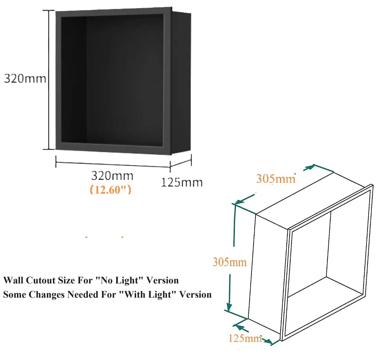 Nicho de parede embutido quadrado em aço inox preto com dimensões 320x320x125 mm