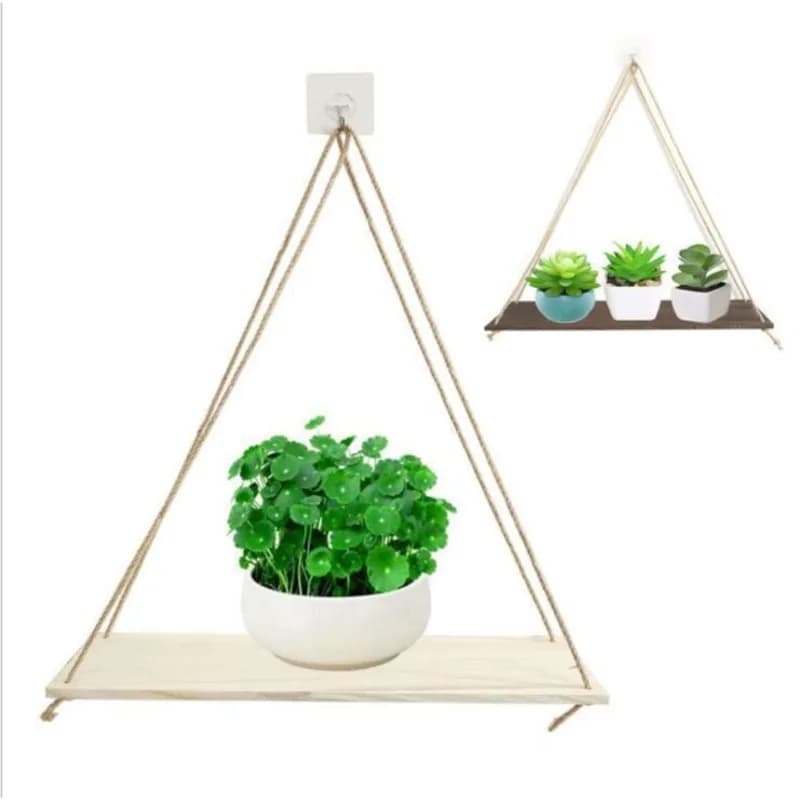 Prateleira suspensa de madeira clara com corda de cânhamo, suporte para plantas decorativas