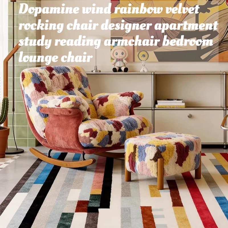 Cadeira de balanço Dopamine Rainbow Chenille com estrutura de aço carbono e otomana, decorativa para quarto, apartamento e leitura.