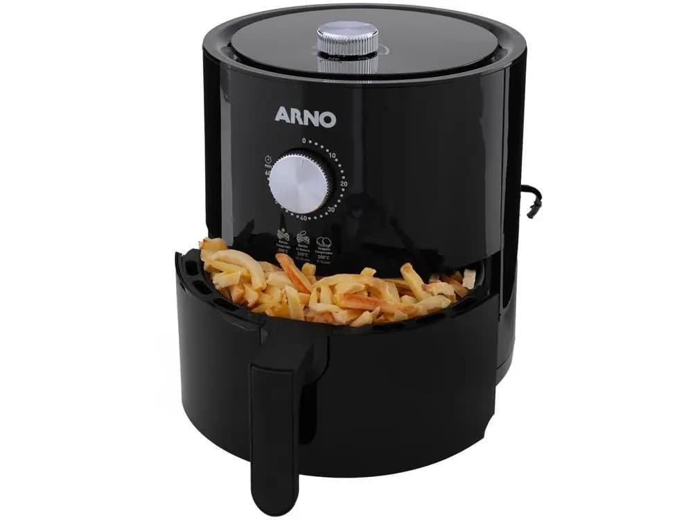 Fritadeira elétrica Arno Air Fryer compacta preta com cesta aberta e batatas fritas 110V