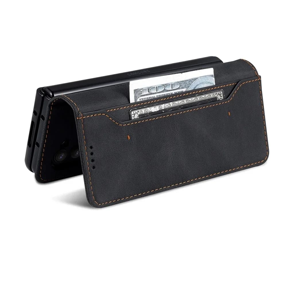 Capa de couro preto para Samsung Galaxy Z Fold, estilo flip, com compartimentos para cartão e dinheiro.