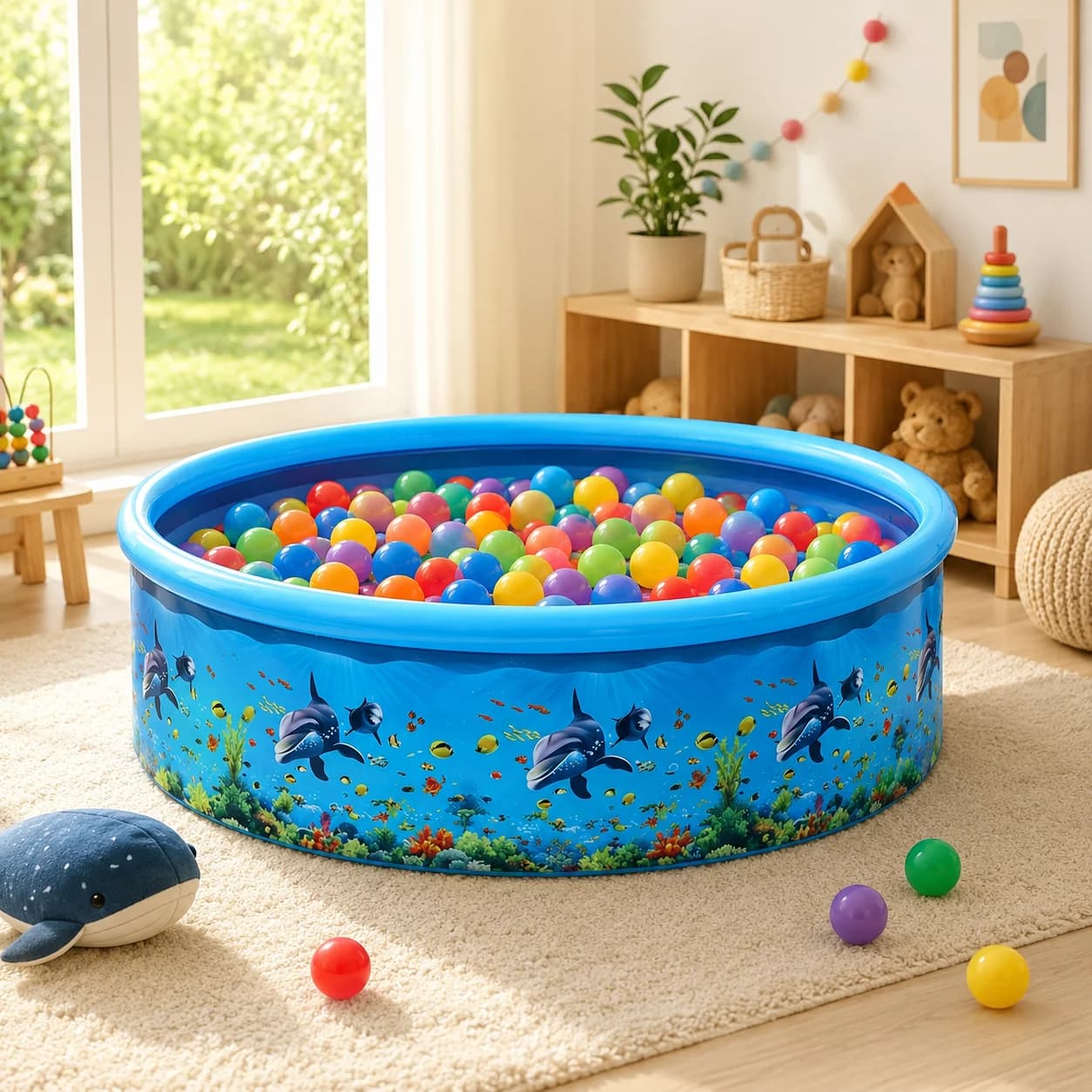 Piscina inflável infantil azul com estampa de golfinhos e bolas coloridas em ambiente interno