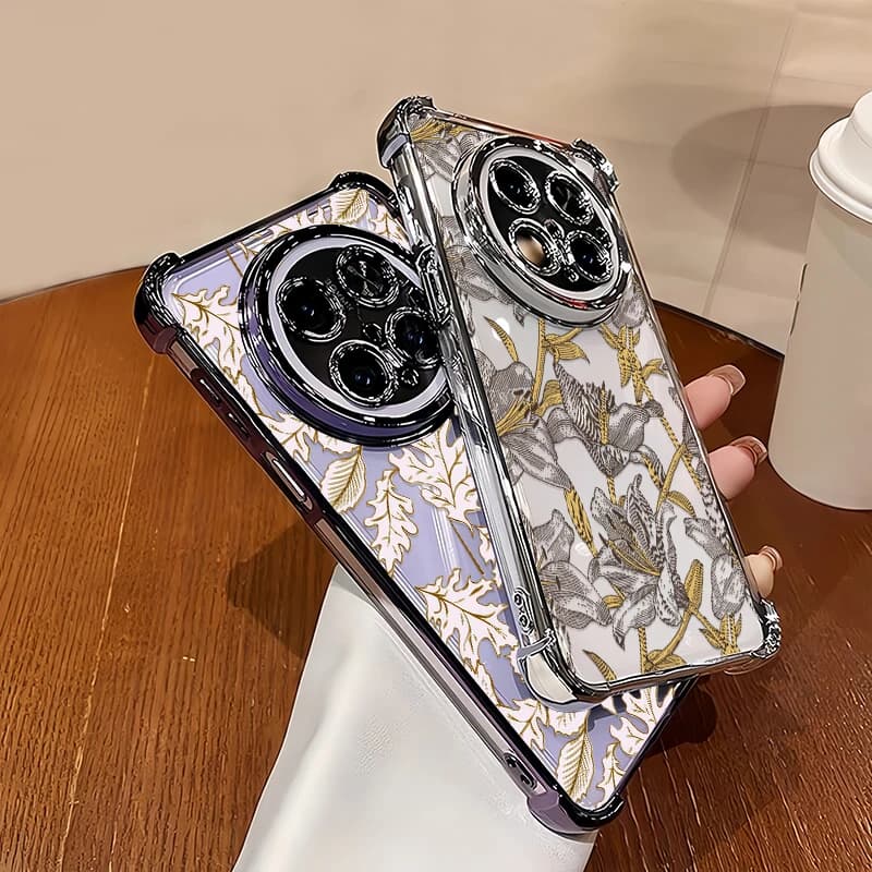 Duas capas de silicone para Xiaomi Redmi 15 4G com padrão floral transparente em cores dourado e cinza