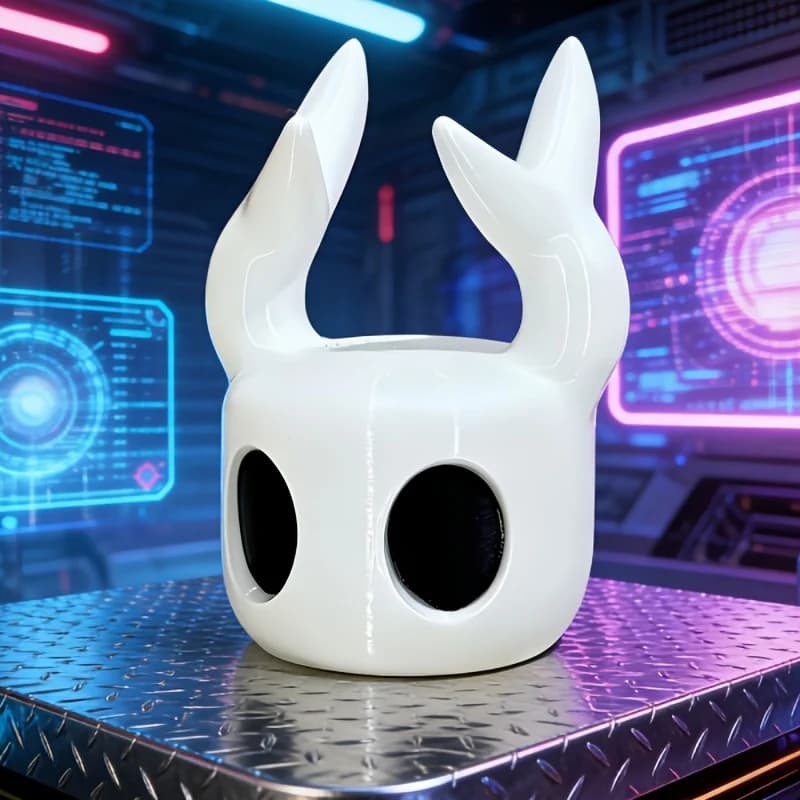 Suporte universal para controle de jogos em forma de chifres de animal, branco e preto, contra fundo neon.