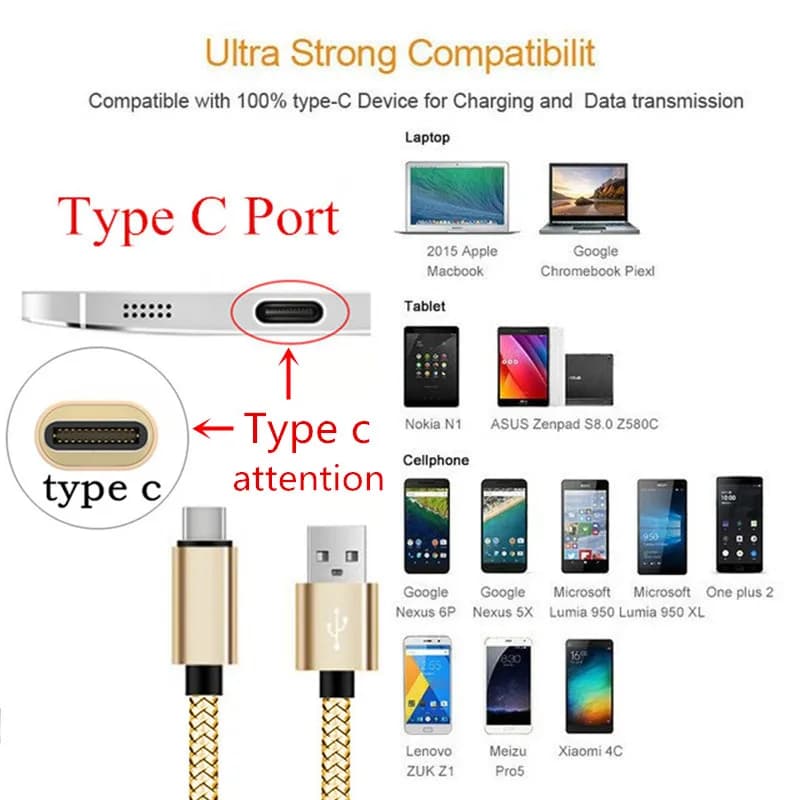 Compatibilidade do cabo USB Tipo C com dispositivos como laptops, tablets e smartphones variados