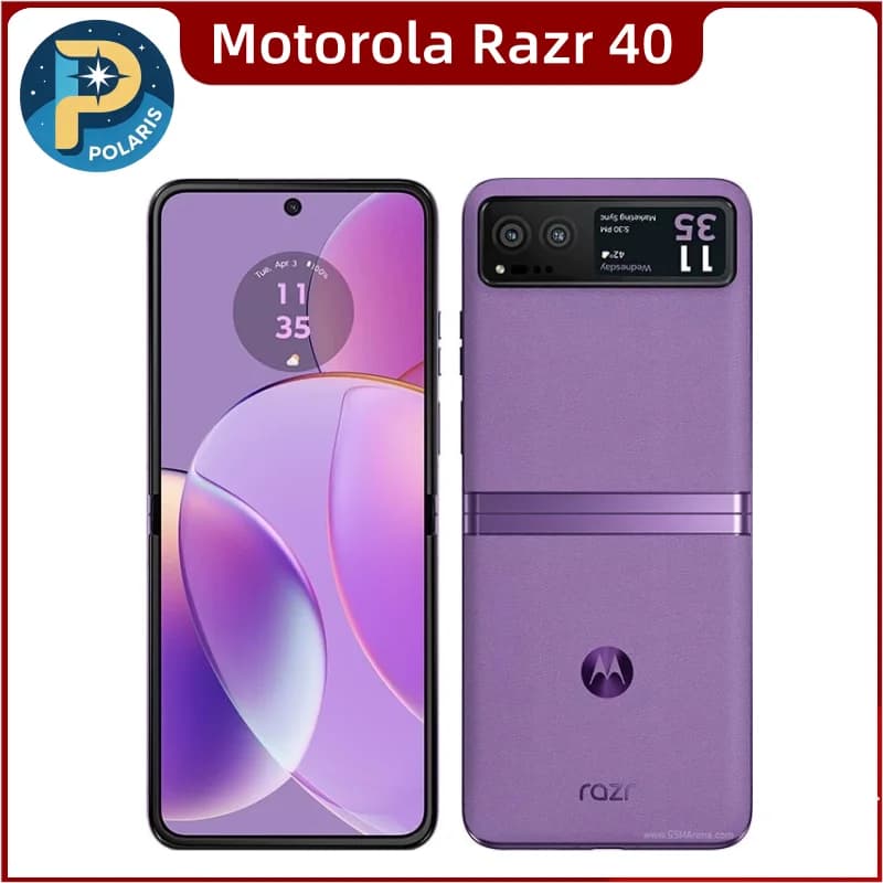 Smartphone Motorola Razr 40 5G (2023) em cor roxa, com tela fechada e logotipo Motorola visível.
