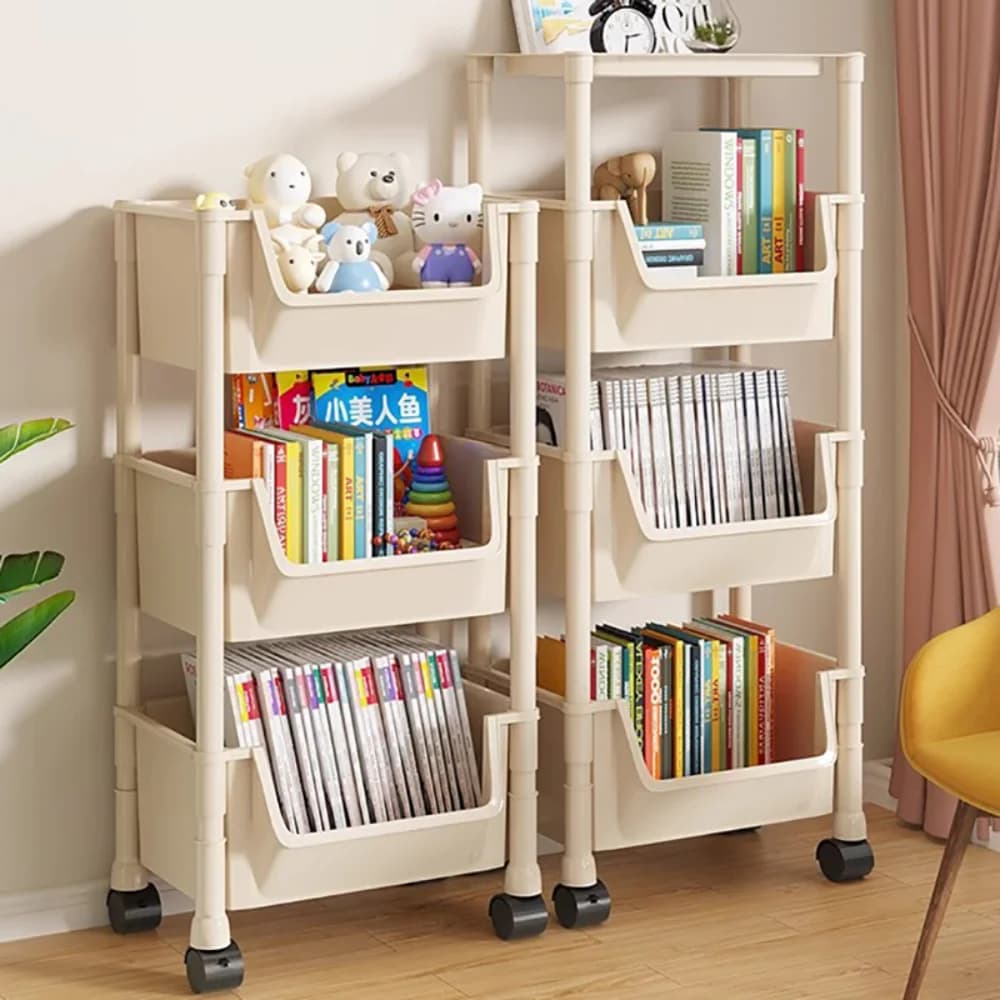 Estante infantil Jácotei bege com rodas, carrinho organizador para brinquedos e livros, design funcional