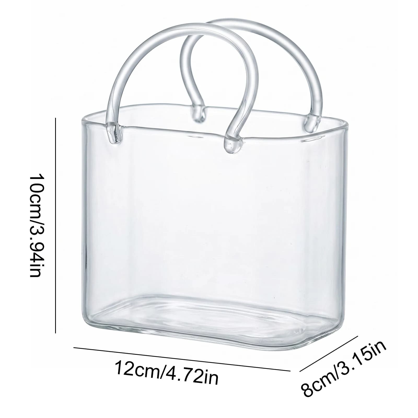Copo de vidro transparente formato bolsa com alças, medidas 12x8x10 cm para bebidas criativas