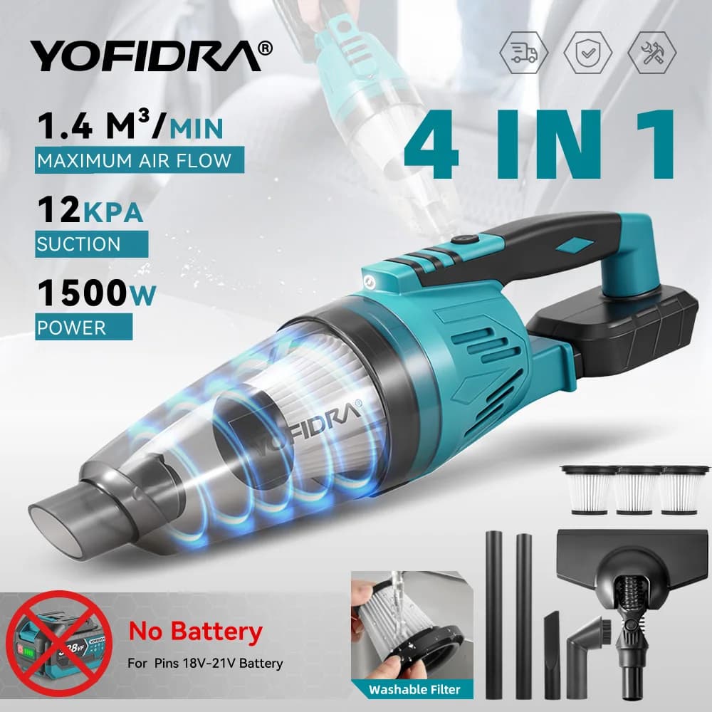 Aspirador de pó elétrico sem fio Yofidar 4 em 1, 1500W, 12 kPa, fluxo de ar máximo 1,4 m³/min