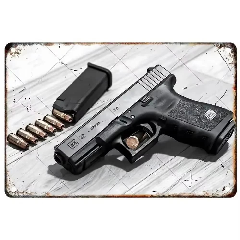 Placa decorativa de metal com pistola preta Glock 32 e munições sobre superfície branca