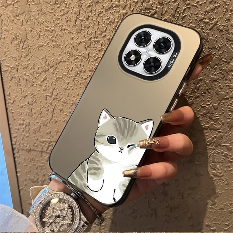 Capa bege fosca para Xiaomi Redmi Note 14 com desenho de gato cinza piscando Mofusand