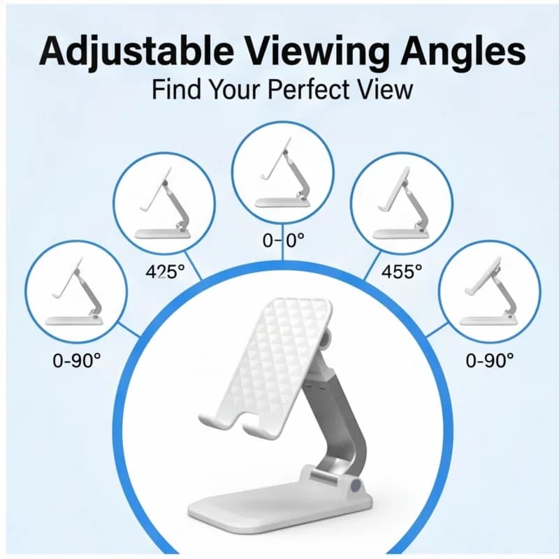 Suporte ajustável para celular e tablet em ABS prata com múltiplos ângulos de visualização para uso confortável