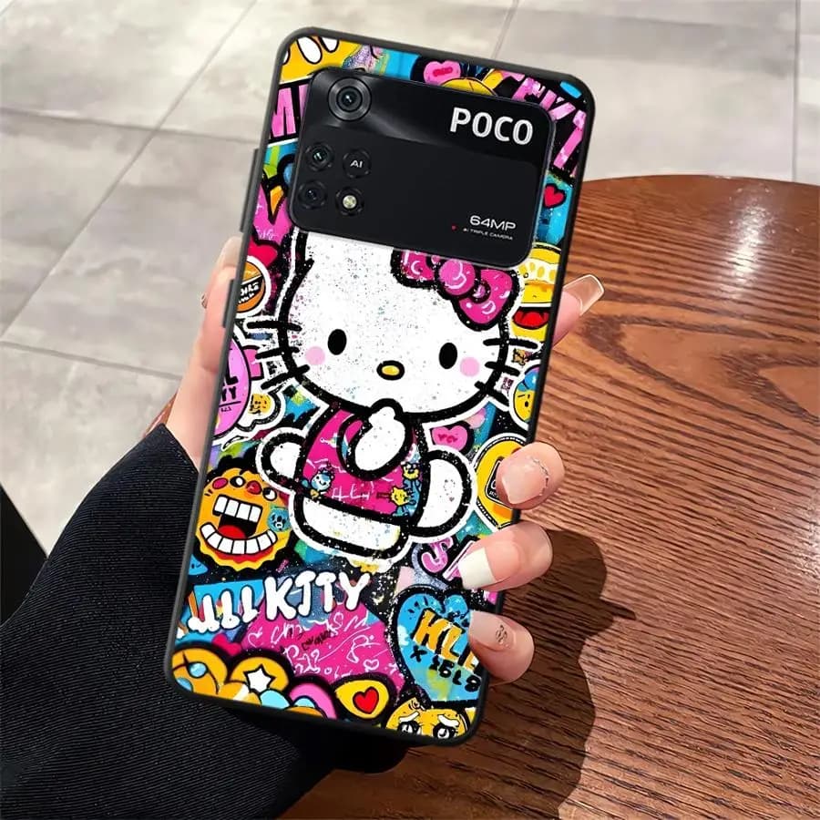 Capa de telefone colorida com estampa Hello Kitty e grafite para Xiaomi Poco com proteção de câmera