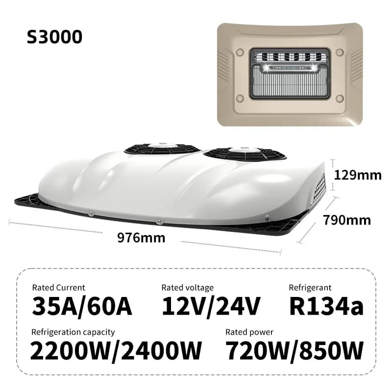 Ar condicionado de teto branco para camper, RV, caminhão e van, 8500BTU, com ventiladores azuis