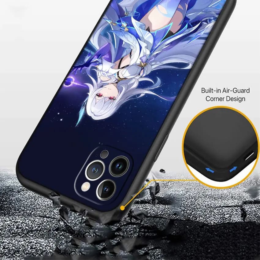 Capa de telefone soft Genshin Impact azul escura com personagem anime e design de proteção de canto para Xiaomi Poco