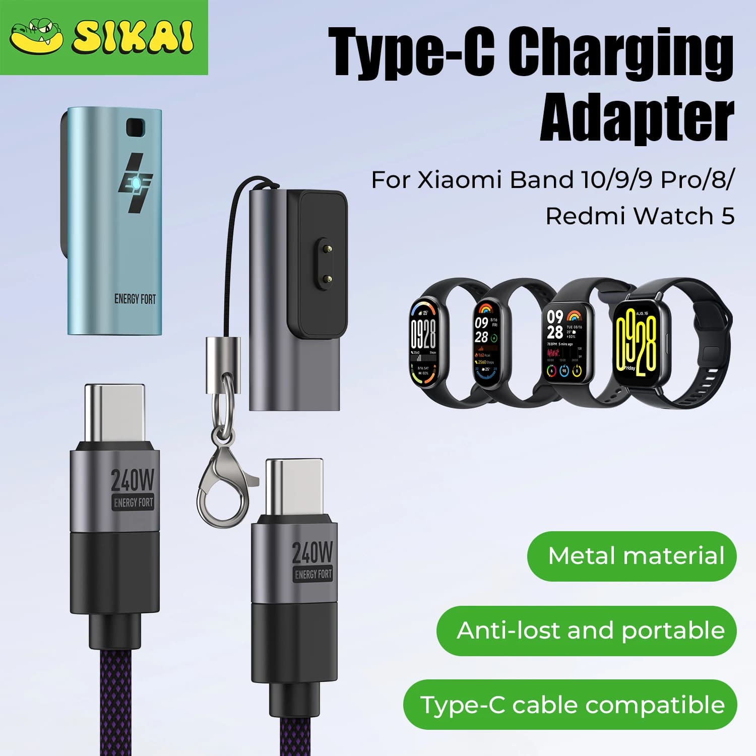 Adaptador de carregador USB-C para relógios Xiaomi Band 10/9/8 e Redmi Watch 5/4