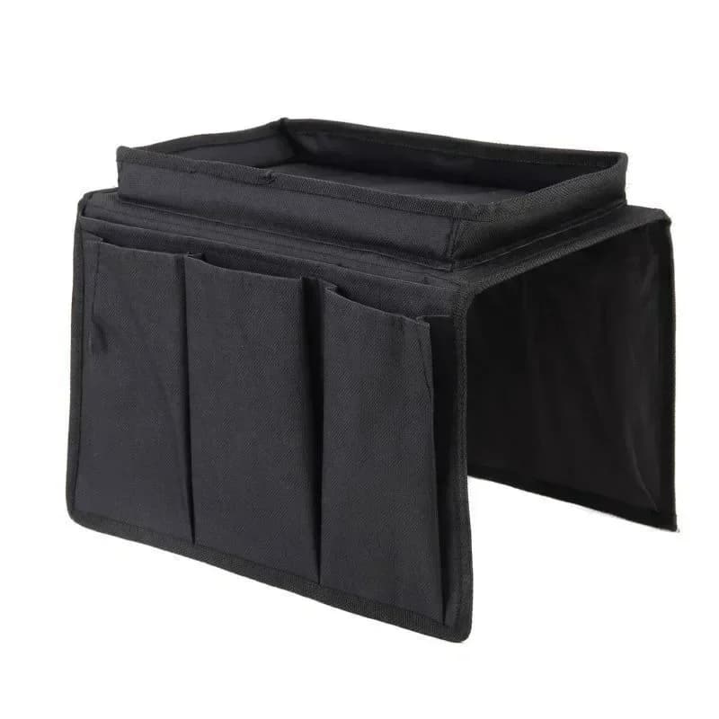 Organizador de sofá preto em tecido resistente com 6 bolsos para controles e acessórios