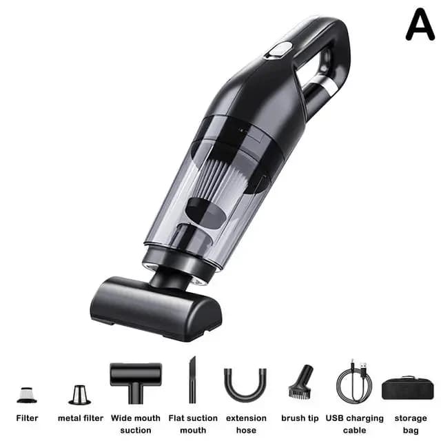 Aspirador de pó portátil sem fio preto com acessórios diversos para carro, casa e escritório