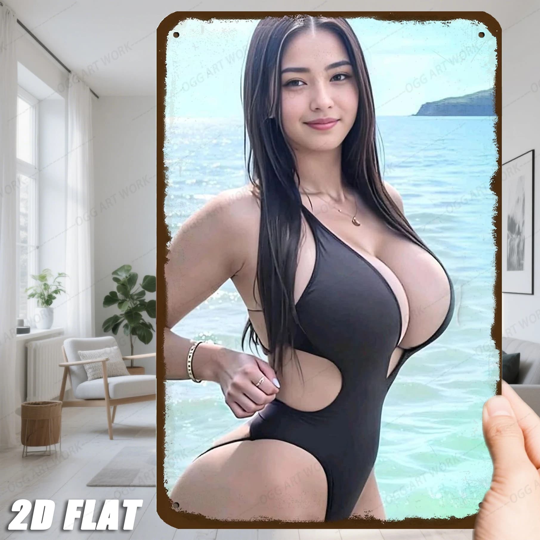 Placa de metal vintage HD com mulher em maiô preto na praia, decoração de parede para bar