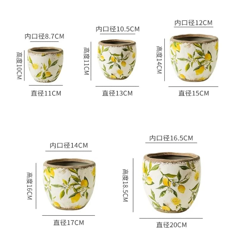 Medidas e dimensões dos vasos para plantas Jácotei vintage nórdico em cerâmica branca com estampa de limões